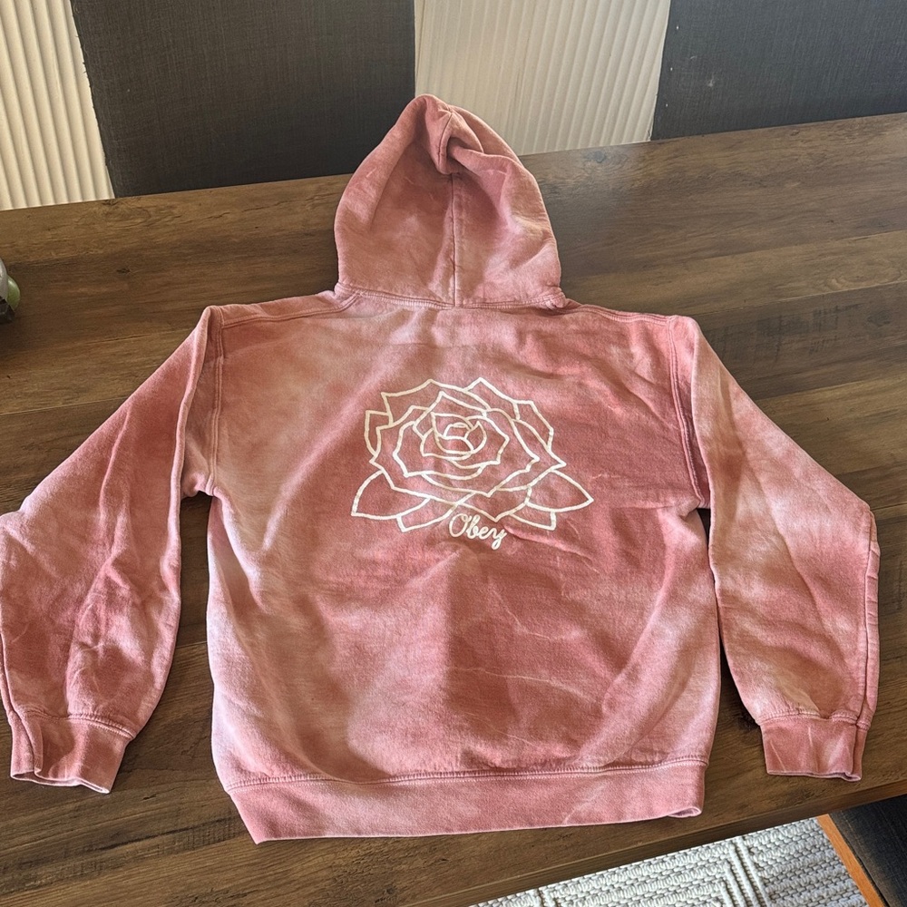 Obey Light Red/Pink Tie Dye Hoodie with Rose Hooded Sweatshirt Medium